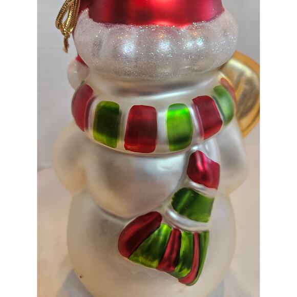 Large Glass Hand painted Snowman Christmas Ornament Glossy Sparkly Finish 9"x6" - Picture 5 of 8